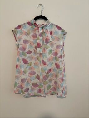 Women's Soft Pastel Leaf Print Bow Neck Blouse